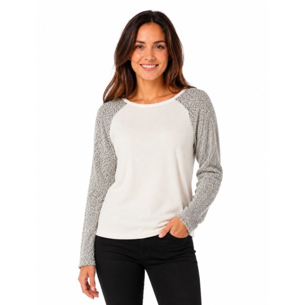 Ann Taylor LOFT Cream Textured Mixed Media Raglan Top Grey‎ Sleeve M Chic 57-10